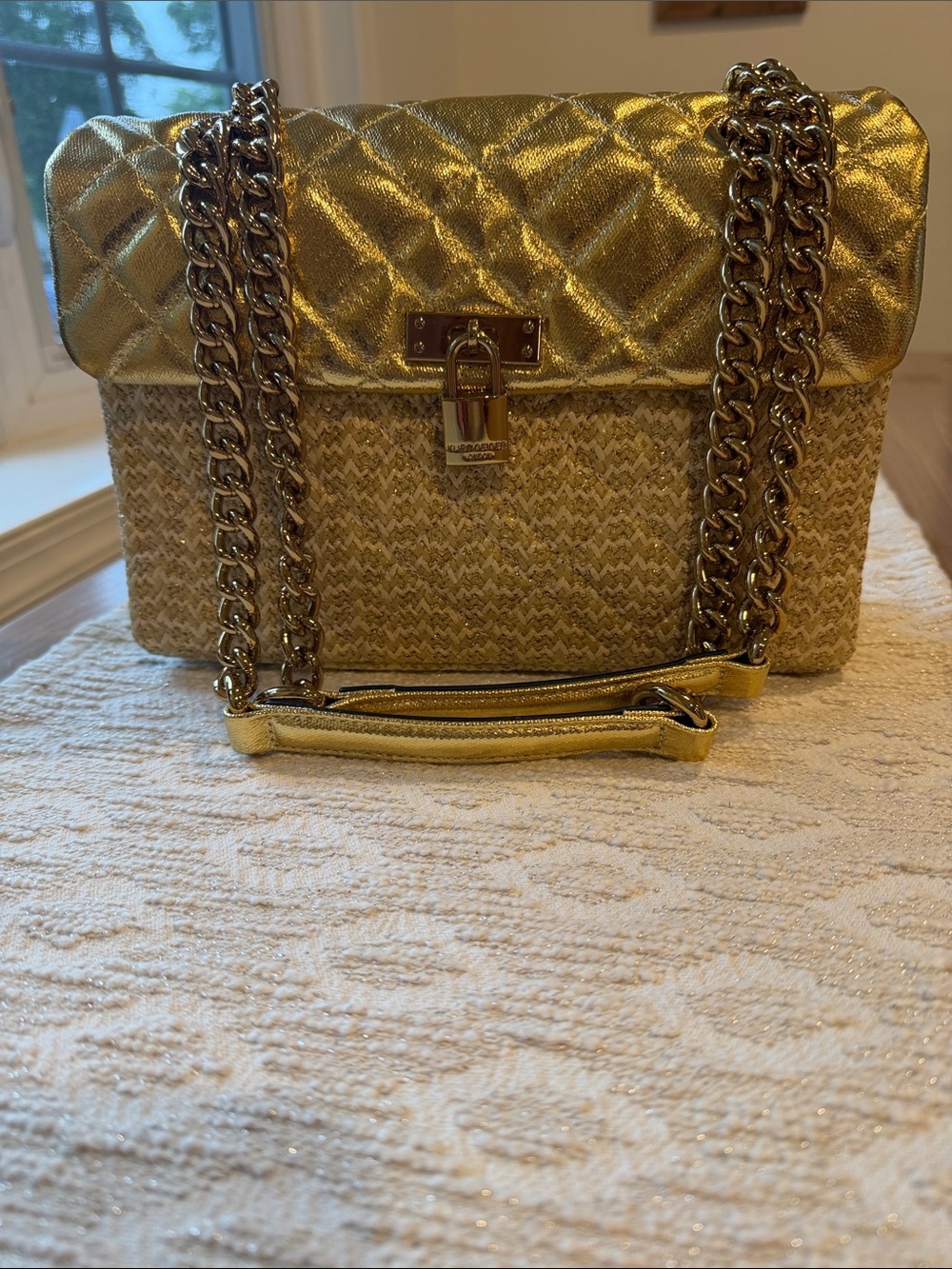 Kurt Geiger The Brixton Metallic Gold Quilted & Woven Shoulder Bag w/Chain Stra